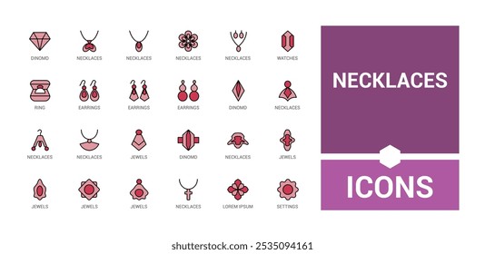 Iconos coloridos de la joyería en estilo lineal y lleno. Contiene íconos como elegancia, boutique, boda, vintage, glamour, diamante y más. Trazo de Vector editable. Los nombres de los iconos están escritos en inglés.