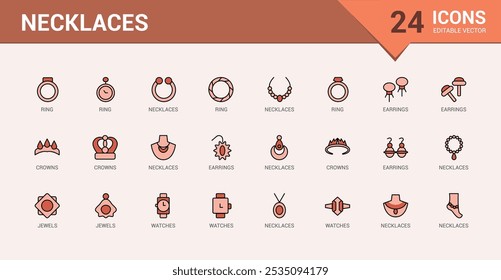 Jewelry colorful icons in linear and filled style. Contains such icons as elegance, boutique, wedding, vintage, glamour, diamond and more. Editable vector stroke. Icon names are written in English.