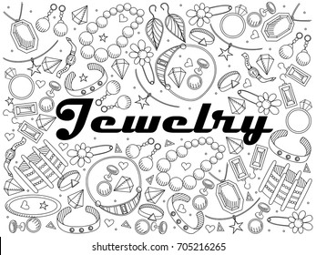 Jewelry coloring book line art design vector illustration. Separate objects. Hand drawn doodle design elements.