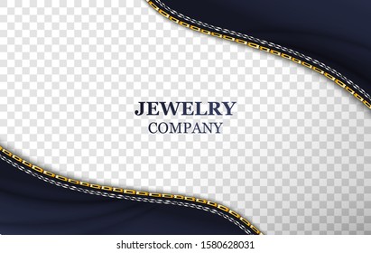 Jewelry company banner realistic mockup. Golden shiny chain on vector transparent concept. Luxury accessory border on blue cloth. Classic Blue Color of the 2020 year