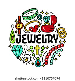 Jewelry concept. Doodle set. Lettering card. Vector illustration.