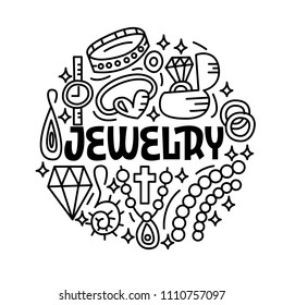 Jewelry concept. Doodle set. Lettering card. Vector illustration.