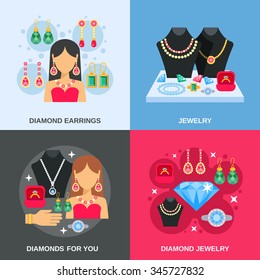 Jewelry concept icons set with diamond jewelry flat isolated vector illustration 