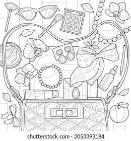 Jewelry And Cosmetics Fall Out Of The Bag.Coloring Book Antistress For Children And Adults. Illustration Isolated On White Background.Zen-tangle Style. Hand Draw