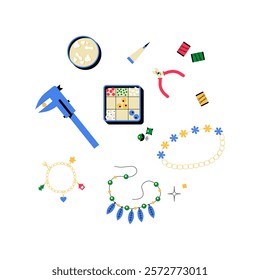 Jewelry Crafting Tools And Supplies In Flat Vector Illustration Symbolizing Creativity, Handmade Jewelry, And Craftsmanship, Isolated On White Background