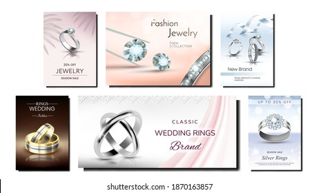 Jewelry Creative Promotional Posters Set Vector. Fashion Jewelry Golden And Silver Rings And Gemstones, Diamond And Brilliants On Advertising Banners. Style Concept Template Illustrations