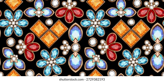 Jewelry, crystals seamless pattern. Different shapes colorful jems and stones. Texture for textile, paper. Simple flat diamonds and minerals. Vector abstract geometric jewel elements