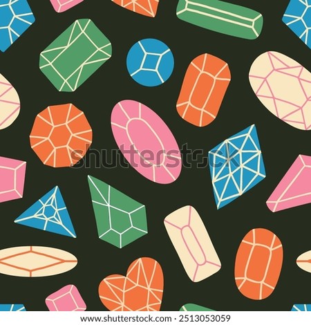 Jewelry, crystals seamless pattern. Different shapes pastel colorful jems and stones on black. Texture for textile, paper. Simple flat diamonds and minerals. Vector abstract geometric jewel elements