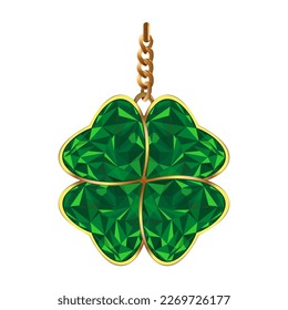 Jewelry decoration on a gold chain for St. Patricks Day. Green diamond four leaves clover. Four -leaved emerald clover in a gold frame. Vector illustration