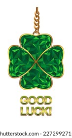 Jewelry decoration on a gold chain for St. Patricks Day. Green diamond four leaves clover. Good luck. Four leaved emerald clover in a gold frame. Vector illustration