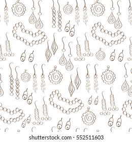 Jewelry, decorations. Earrings, pendants, necklaces. Background, wallpaper, seamless, sketch, doodle.