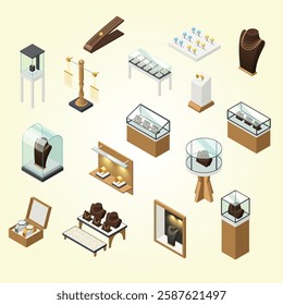 Jewelry decorative icons set with elements of shop interior counters showcases pedestal mannequin