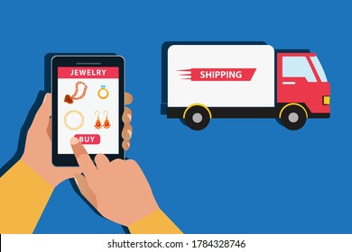 Jewelry delivery vector concept: unidentified hands purchasing jewelries with online shopping application