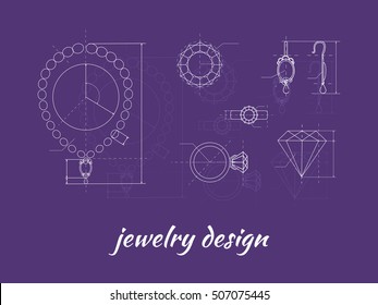 Jewelry design banner. Ring, earring and necklace graphic scheme. Diamond shape. Blueprint outline jewelry. Craft jewelry making. A handmade jeweler process, manufacture of jewelery