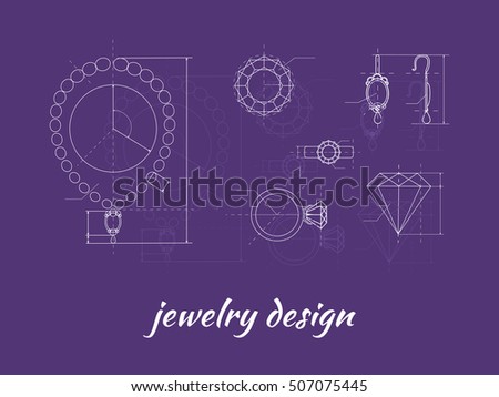 Jewelry design banner. Ring, earring and necklace graphic scheme. Diamond shape. Blueprint outline jewelry. Craft jewelry making. A handmade jeweler process, manufacture of jewelery