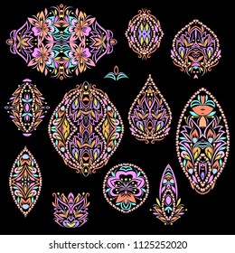 Jewelry design. Vector set of colorful ethnic elements with paisley and flowers For embroidery, for women's clothing.