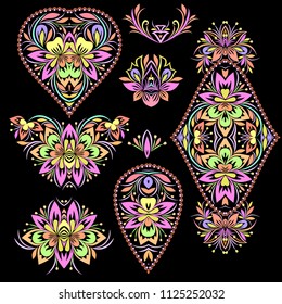 Jewelry design. Vector set of colorful ethnic elements with paisley and flowers For embroidery, for women's clothing.