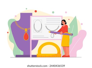 Schmuck-Designer-Konzept. Frau mit goldener Halskette mit Diamant. Schönheit, Eleganz und Ästhetik. Junge Mädchen mit Zubehör. Cartoon flache Vektor-Illustration isoliert auf weißem Hintergrund