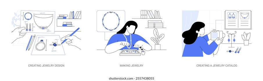 Jewelry designer isolated cartoon vector illustrations set. Creating jewelry design, designer making sketches, making bracelet, creating catalog, taking picture, fashion industry vector cartoon.