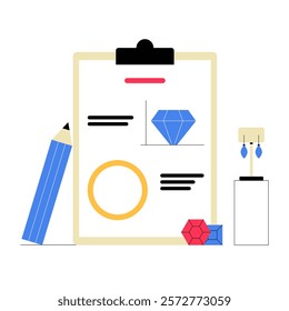 Jewelry Designer Tools And Clipboard With Sketch In Flat Vector Illustration Symbolizing Jewelry Craftsmanship And Artistic Planning, Isolated On White Background.