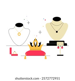 Jewelry Display Featuring Crown Necklace Earrings And Ring Box In Flat Vector Illustration Symbolizing Luxury Fashion And Elegance Isolated On White Background