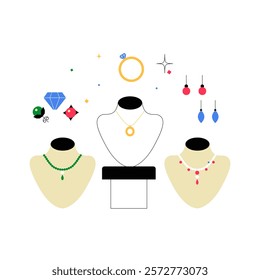 Jewelry Display With Necklaces And Earrings In Flat Vector Illustration Symbolizing Fashion, Style, And Luxury, Isolated On White Background.