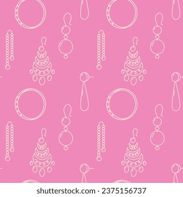 Jewelry doodle seamless pattern with white line earrings on pink background. Hand drawn print design. Vector illustration.