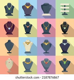 Jewelry dummy icons set flat vector. Bust chain. Diamond fashion