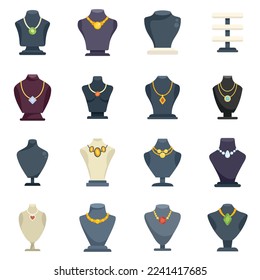 Iconos de maniquí conjunto vector plano. Cadena de busto. Moda de diamantes aislada