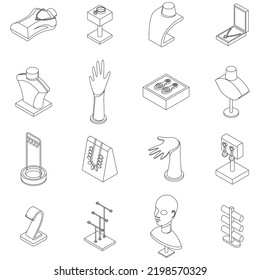 Jewelry dummy icons set. Isometric set of jewelry dummy vector icons outline thin lne isolated on white