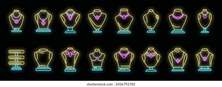 Jewelry dummy icons set outline vector. Bust chain. Diamond fashion neon color on black