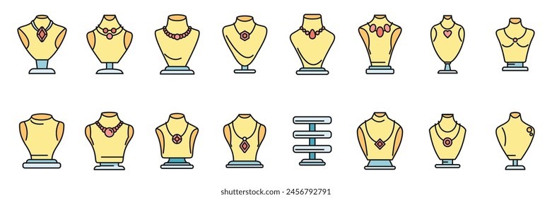 Jewelry dummy icons set outline vector. Bust chain. Diamond fashion thin line color flat on white