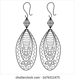 Jewelry Earrings Fashion Black and White Outline Coloring page.  Simple line art. Doodle earrings. Women accessories. 