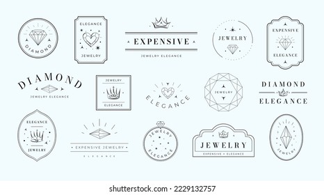 Jewelry emblems. Elegance diamond label template, luxury gemstone emblem and premium minimalistic frame vector set. Fashion boutique logo selling expensive and beautiful accessories
