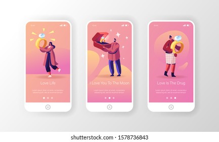 Jewelry for Engagement Mobile App Page Onboard Screen Set. Man Choose Ring for Woman Holding Huge Box with Diamond Ring. Marriage Concept for Website or Web Page. Cartoon Flat Vector Illustration
