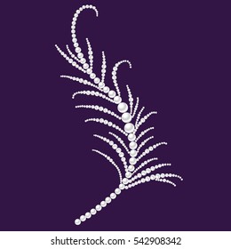 Jewelry feather. Decorative piece of jewelry with pearls, isolated on a purple background. Vector illustration.