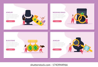 Jewelry flat 4x1 set of horizontal banners with editable text clickable button and doodle human characters vector illustration