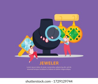 Jewelry flat background with editable text and doodle human characters with hand lens and luxury jewelry vector illustration