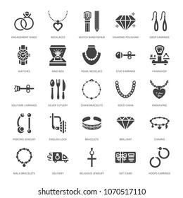 Jewelry flat glyph icons, jewellery store signs. Jewels accessories - gold engagement rings, gem earrings, silver chain, necklaces, brilliants. Solid silhouette for fashion store. Pixel perfect 64x64.