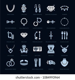 Jewelry flat glyph icons, jewellery store signs. Jewels accessories - gold engagement rings, gem earrings, silver chain, necklaces, brilliants. Solid silhouette pixel perfect 64x64.