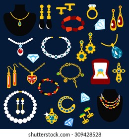 Jewelry flat icons with fashion luxury necklaces, earrings, bracelets, rings, pendants, chains and cufflinks, inlaid diamonds, pearls, emeralds, sapphires and other gems