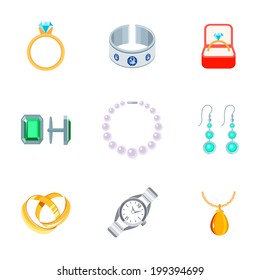 Jewelry flat icons set of diamond ring gem bracelet cuff links isolated vector illustration