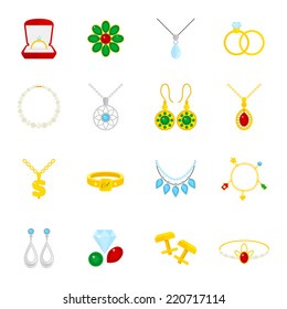 Jewelry flat icons set of diamond gold fashion expensive accessories isolated vector illustration