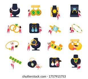 Jewelry Flat Icons Set Of Doodle Human Characters With Luxury And Valuable Items On Blank Background Vector Illustration