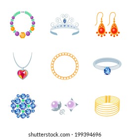 Jewelry flat icons set of necklace tiara earrings isolated vector illustration