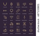 Jewelry flat line icons, jewellery store signs. Jewels accessories - gold engagement rings, gem earrings, silver chain, engraving necklaces, brilliants.