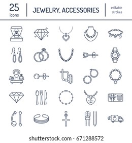 Jewelry flat line icons, jewellery store signs. Jewels accessories - gold engagement rings, gem earrings, silver chain, engraving necklaces, brilliants.