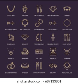 Jewelry flat line icons, jewellery store signs. Jewels accessories - gold engagement rings, gem earrings, silver chain, engraving necklaces, brilliants.