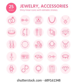 Jewelry flat line icons, jewellery store signs. Jewels accessories - gold engagement rings, gem earrings, silver chain, engraving necklaces, brilliants. Thin linear signs for fashion store