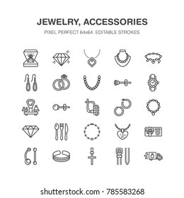 Jewelry flat line icons, jewellery store signs. Jewels accessories - gold engagement rings, gem earrings, silver chain, engraving necklaces, brilliants. Thin signs fashion store. Pixel perfect 64x64.
